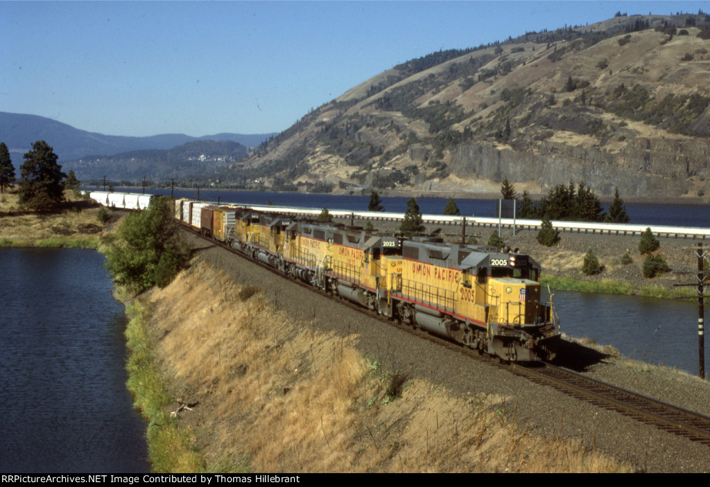 UP GP38-2 2005 with Westbound along Columbia River Dec 1986